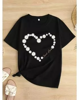 Футболка больших размеров с цветочным принтом в форме сердца, повседневный топ с короткими рукавами для весны и лета, женская одежда больших размеров 1XL чёрный