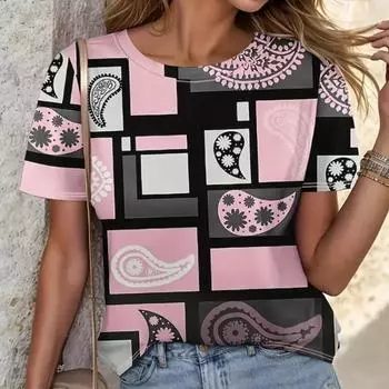 Футболка больших размеров с геометрическим принтом, повседневная футболка с круглым вырезом и короткими рукавами, женская одежда больших размеров XS