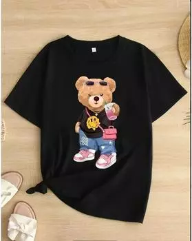 Футболка больших размеров с графическим принтом, повседневный топ с круглым вырезом и короткими рукавами для весны и лета, женская одежда больших размеров 1XL чёрный