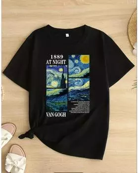 Футболка больших размеров с графическим принтом, повседневный топ с круглым вырезом и короткими рукавами для весны и лета, женская одежда больших размеров 1XL чёрный