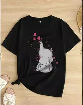 Футболка больших размеров с графическим принтом, повседневный топ с круглым вырезом и короткими рукавами для весны и лета, женская одежда больших размеров 1XL чёрный