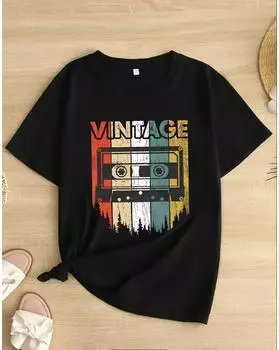 Футболка больших размеров с графическим принтом, повседневный топ с круглым вырезом и короткими рукавами для весны и лета, женская одежда больших размеров 1XL чёрный