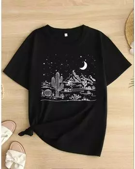 Футболка больших размеров с графическим принтом, повседневный топ с круглым вырезом и короткими рукавами для весны и лета, женская одежда больших размеров 1XL чёрный