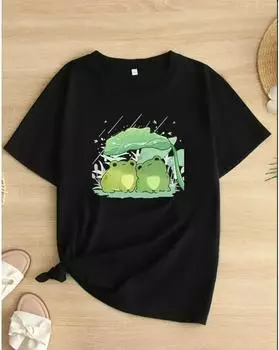 Футболка больших размеров с графическим принтом, повседневный топ с круглым вырезом и короткими рукавами для весны и лета, женская одежда больших размеров 1XL чёрный