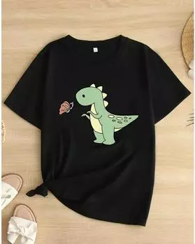 Футболка больших размеров с графическим принтом, повседневный топ с круглым вырезом и короткими рукавами для весны и лета, женская одежда больших размеров 1XL чёрный