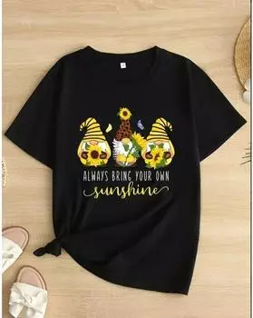 Футболка больших размеров с графическим принтом, повседневный топ с круглым вырезом и короткими рукавами для весны и лета, женская одежда больших размеров 1XL чёрный