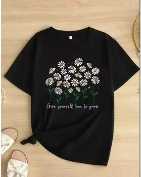 Футболка больших размеров с графическим принтом, повседневный топ с круглым вырезом и короткими рукавами для весны и лета, женская одежда больших размеров 1XL чёрный