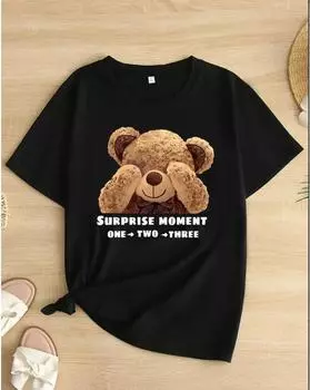 Футболка больших размеров с графическим принтом, повседневный топ с круглым вырезом и короткими рукавами для весны и лета, женская одежда больших размеров 1XL чёрный