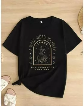 Футболка больших размеров с графическим принтом, повседневный топ с круглым вырезом и короткими рукавами для весны и лета, женская одежда больших размеров 1XL чёрный