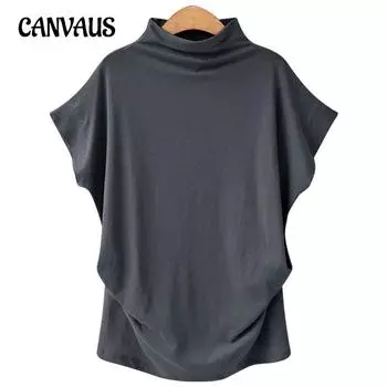 Футболка больших размеров с короткими рукавами, женские свободные топы средней длины с полувысоким воротником S чёрный