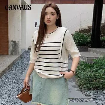 Футболка больших размеров с круглым вырезом, топы с короткими рукавами, женская полосатая футболка, летняя свободная трикотажная одежда XL чёрный