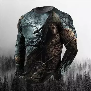 Футболка больших размеров с круглым вырезом и длинными рукавами с 3D принтом, мужская одежда, мужская футболка в стиле ретро с длинными рукавами, длинная футболка с черепом, мужская уличная S