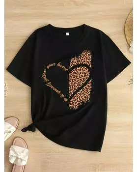 Футболка больших размеров с леопардовым принтом в форме сердца и букв, повседневный топ с короткими рукавами для весны и лета, женская одежда больших размеров 1XL чёрный