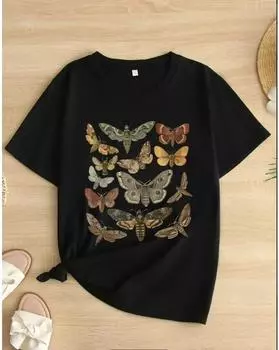 Футболка больших размеров с принтом бабочки, повседневный топ с короткими рукавами для весны и лета, женская одежда больших размеров 1XL чёрный