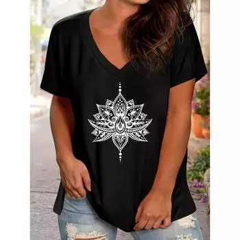 Футболка больших размеров с V-образным вырезом и принтом «Цветок лотоса» — удобная посадка, эластичный трикотаж, универсальная повседневная одежда для весны и осени XL
