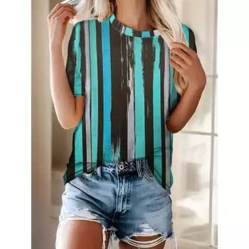 Футболка больших размеров в пляжном стиле с полосатым принтом, повседневный топ с коротким рукавом для весны и лета, женская одежда больших размеров XS синий