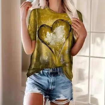 Футболка больших размеров в пляжном стиле с принтом в виде сердца, повседневная футболка с коротким рукавом для весны и лета, женская одежда больших размеров XS