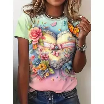 Футболка больших размеров в пляжном стиле с принтом в виде сердца и животных, повседневный топ с коротким рукавом для весны и лета, женская одежда больших размеров XS