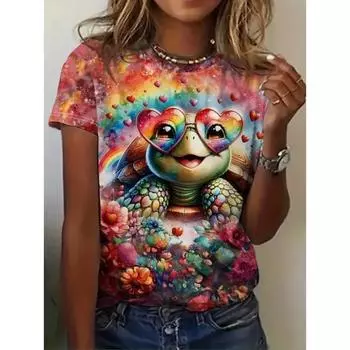 Футболка больших размеров в пляжном стиле с принтом в виде сердца и животных, повседневный топ с коротким рукавом для весны и лета, женская одежда больших размеров XS