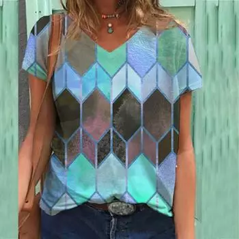 Футболка больших размеров, винтажные футболки с 3D-принтом, женские топы с V-образным вырезом и коротким рукавом, повседневные футболки 6XL