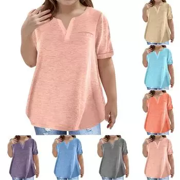 Футболка большого размера для девочек, повседневная, с V-образным вырезом и коротким рукавом, с карманом 110 бежевый