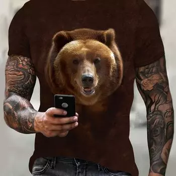 Футболка большого размера для мужчин с графическим принтом 3D-медведя и круглым вырезом, повседневная, из полиэстера, полупрозрачная, с принтом, идеальная для летних видов спорта и активного отдыха S