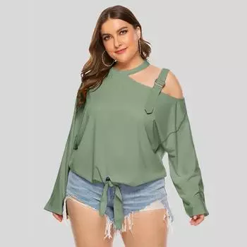 Футболка большого размера для женщин и женщин с длинными рукавами и косым плечом, однотонная, с отделкой на бретельках и бантом, летняя L розовый