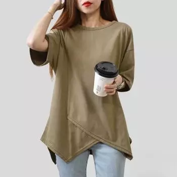 Футболка большого размера для женщин на лето с коротким рукавом и неровным разрезом, свободная, от средней до длинной, базовая рубашка one size fits all чёрный