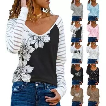 Футболка большого размера для женщин, осень-зима, молочный шелк, с круглым вырезом, длинными рукавами, с принтом в виде цветов и букв, для женщин, футболки женские S