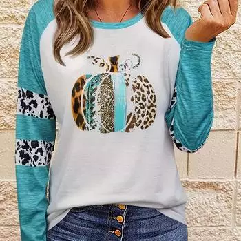 Футболка большого размера для женщин, повседневная, с цветным леопардовым принтом и принтом тыквы, с длинным рукавом, круглым вырезом, средней эластичностью - S