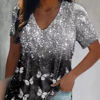 Футболка большого размера для женщин, повседневная, с цветным 3D-принтом «Бабочка» и коротким рукавом, с V-образным вырезом — мягкие эластичные летние футболки S