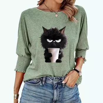 Футболка большого размера для женщин с принтом кота, повседневная, свободного покроя, с круглым воротником, весна-лето S белый