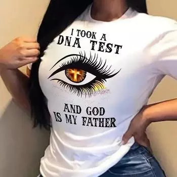 Футболка большого размера для женщин с принтом «глаз и слоган», короткий рукав, круглый вырез, средняя эластичность S