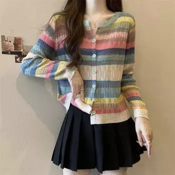 Футболка большого размера для женщин с длинными рукавами и радужным узором в полоску, осенний дизайн, утягивающий трикотажный топ Sense Niche One size