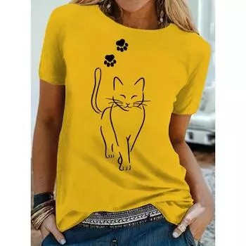 Футболка большого размера для женщин с милым принтом кошачьей лапки, коротким рукавом и круглым вырезом, средней эластичности S чёрный