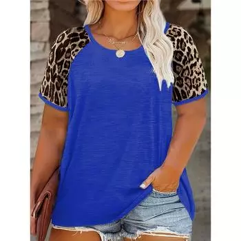 Футболка большого размера для женщин с круглым вырезом и леопардовым принтом в стиле колор-блок | Модный топ с коротким рукавом S