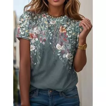 Футболка большого размера для женщин с цветочным принтом, короткими рукавами и круглым вырезом, слегка эластичная футболка S