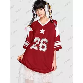 Футболка большого размера для женщин с V-образным вырезом и коротким рукавом, летние красные уличные топы в стиле пэчворк, повседневные футболки из джерси XS