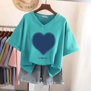 Футболка большого размера, футболка с коротким рукавом, женский топ, летний принт в виде сердца, пара, V-образный вырез, большие футболки S