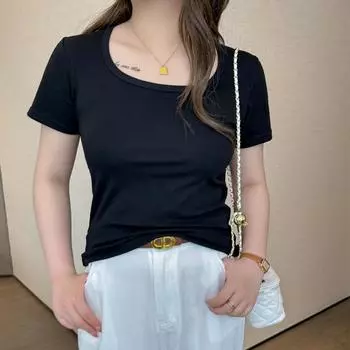 Футболка большого размера из чистого хлопка с квадратным воротником и короткими рукавами для женщин, летний костюм с рубашечным дизайном, нишевый топ, который можно носить на улице S