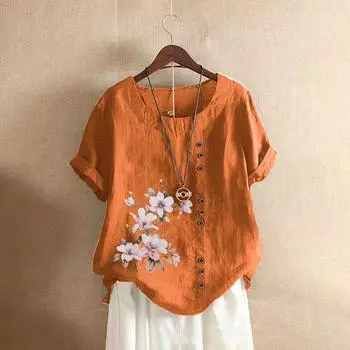 Футболка большого размера из хлопка и льна для женщин, летняя, свободная, с коротким рукавом, женская одежда из хлопка и льна S оранжевый
