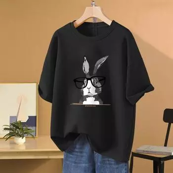 Футболка большого размера из хлопка L-5XL с принтом кролика и круглым вырезом, короткий рукав, женская футболка, базовый летний топ для пары, однотонные футболки L темно-зеленого