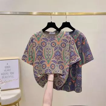 Футболка большого размера из хлопка с короткими рукавами, женская летняя одежда, корейская версия свободной и тонкой универсальной футболки с круглым вырезом и принтом для женщин XXXXXL
