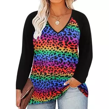 Футболка большого размера, повседневная, женская, большого размера, с леопардовым принтом, длинным рукавом, V-образным вырезом, слегка эластичная футболка S