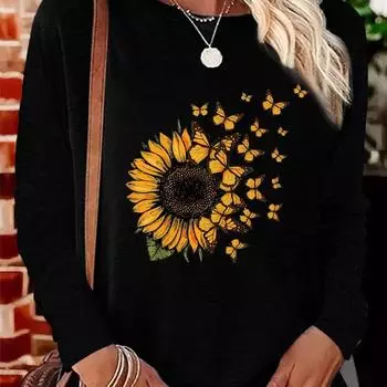 Футболка большого размера, повседневная, женская, с принтом подсолнухов и бабочек, с длинным рукавом, круглым вырезом, слегка эластичная S