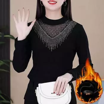 Футболка большого размера премиум-класса с полуводолазкой, женская осенне-зимняя, утолщенная, черного цвета, с внутренней частью M