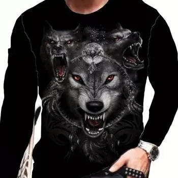 Футболка большого размера с 3D-принтом волка, круглым вырезом и длинным рукавом, полиэстеровая ткань, машинная стирка, повседневные модные футболки на весну S