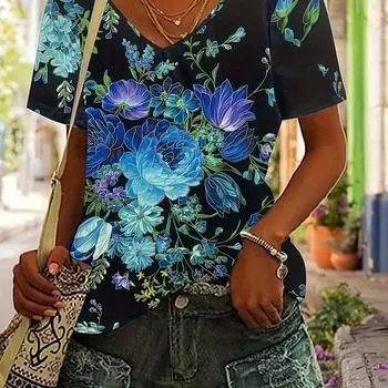 Футболка большого размера с цветочным принтом и V-образным вырезом, полиэстер, повседневная футболка с коротким рукавом, трикотажная ткань, женская удобная одежда на каждый день S
