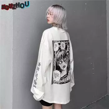 Футболка большого размера с длинным рукавом Harajuku E Girl с принтом аниме, японская уличная одежда, хип-хоп, панк, с круглым вырезом, готическая повседневная футболка, топы для девочек, клубный стиль Y2k S белый