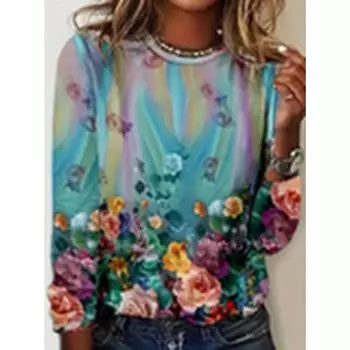 Футболка большого размера с длинными рукавами и цветочным принтом для женщин, повседневный свободный и удобный топ XXS синий